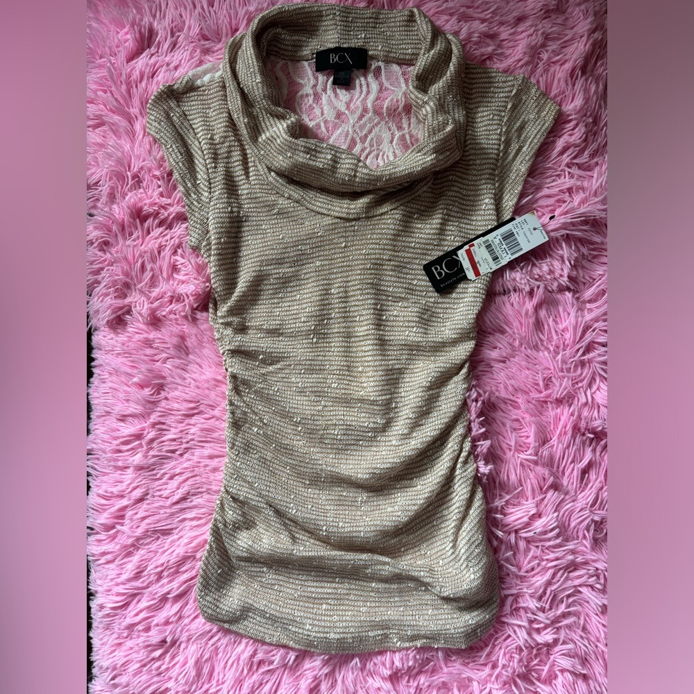 NWT BCX sz XS brown cowl neck layering top w ruched sides and lace back cutout